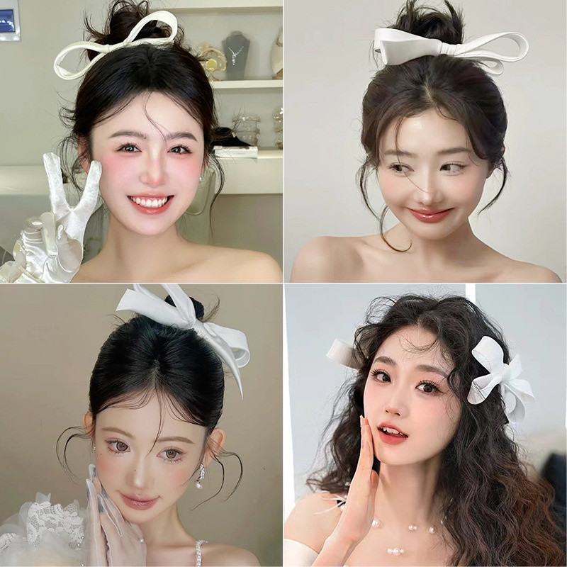 เครื่องประดับผมกิ๊บติดผมโบว์ผ้าซาตินสีขาวที่คาดผมสําหรับงานแต่งงานของเจ้าสาวเรียบง่ายและสง่างาม
