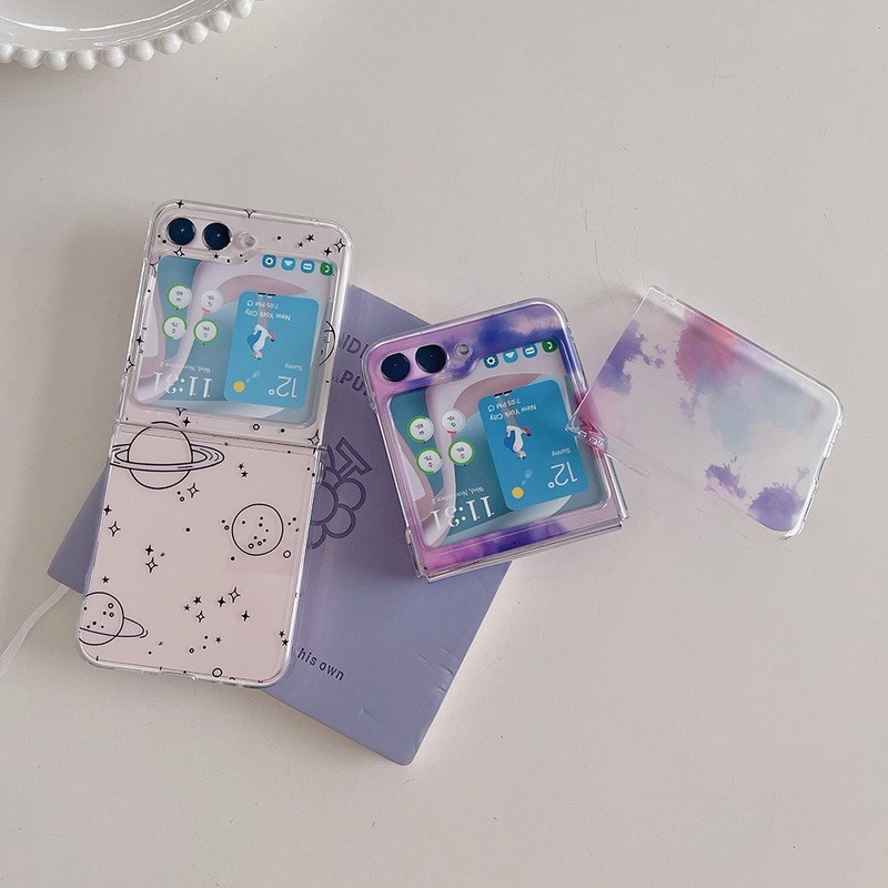 สีขาว Cloud Starry Sky รูปแบบสีเหมาะสําหรับ Samsung Z Flip 5 Z Flip3 Z Flip4 ป้องกันลายนิ้วมือโปร่งใ