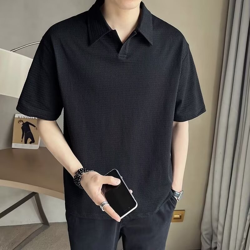 🕯️ 🙏เสื้อโปโลแขนสั้น ผ้าเรยอน ลายวาฟเฟิล แฟชั่นสไตล์เกาหลี สําหรับผู้ชาย