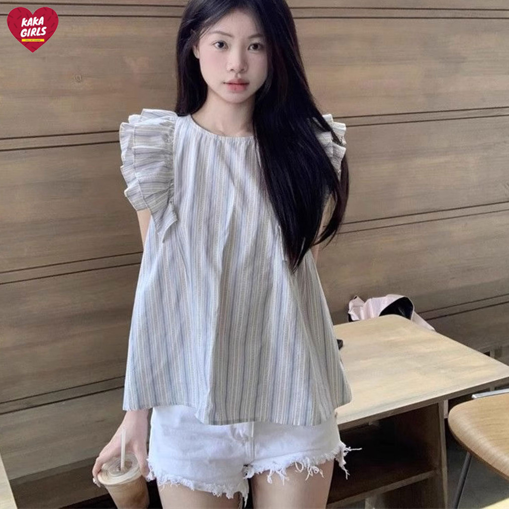 เสื้อแขนกุด แต่งระบาย ลางทาง น่ารัก สไตล์เกาหลี