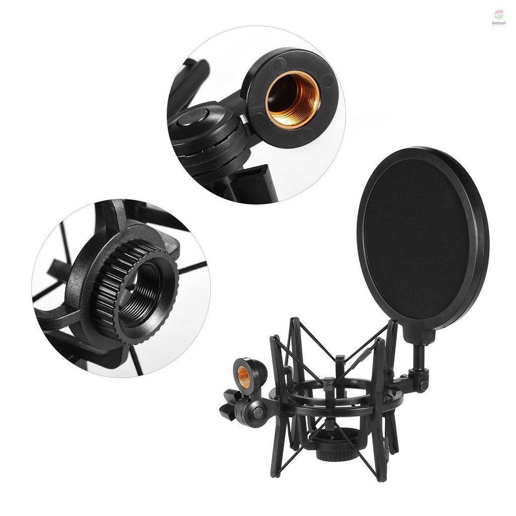 Univerdal พลาสติกคอนเดนเซอร์ไมโครโฟน Mic Shock Mount Holder Bracket Anti-vibration พร้อม Pop Filter สําหรับ On-line Broadcasting Studio Music Recording