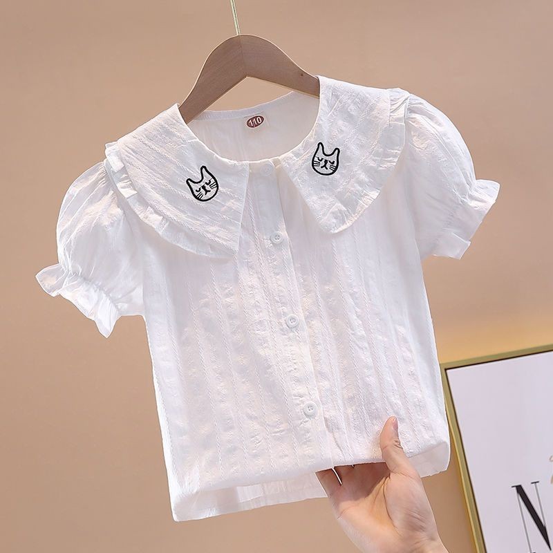 เสื้อเด็ก2024ใหม่สไตล์เจ้าหญิงปักคอปกตุ๊กตาสาวเสื้อเชิ้ตสีขาวบางแฟชั่นฤดูร้อน