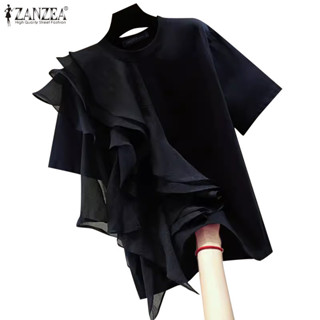 Zanzea เสื ้ อเบลาส ์ ทรงตรงแขนสั ้ นผู ้ หญิงเกาหลีคอกลมเร …