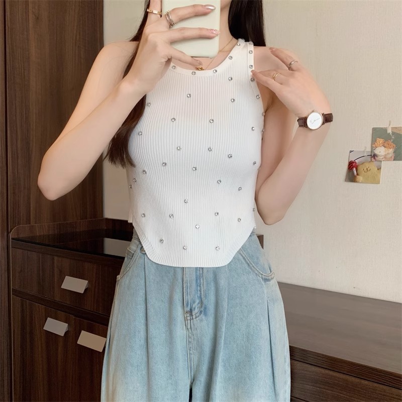 บาลามี ฤดูร้อนสไตล์ใหม่ผ้าไหมน้ําแข็งอุตสาหกรรมหนักเจาะเล็บแขนกุด จุดต่ําสุด สวมใส่ด้านนอกถักเสื้อกั๊กด้านบน