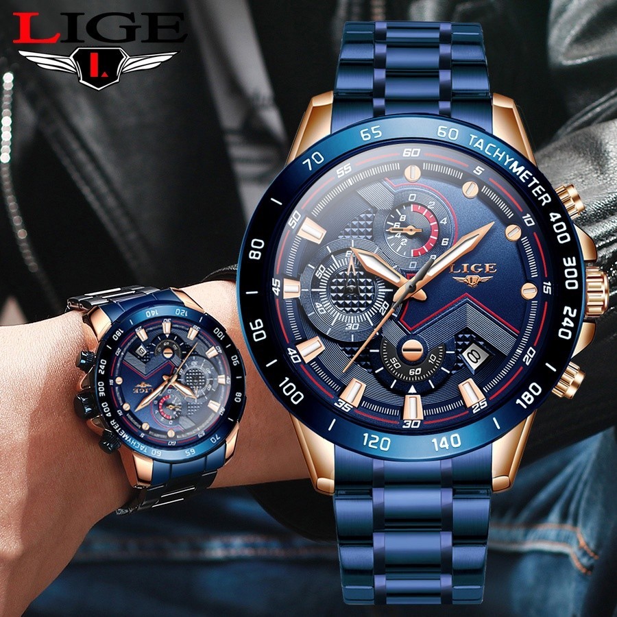 Jam Tangan Lelaki Original LIGE Watch Men Sports Watches Stainless Steel Wrist Watch Chronograph Army Military Quartz Wa
