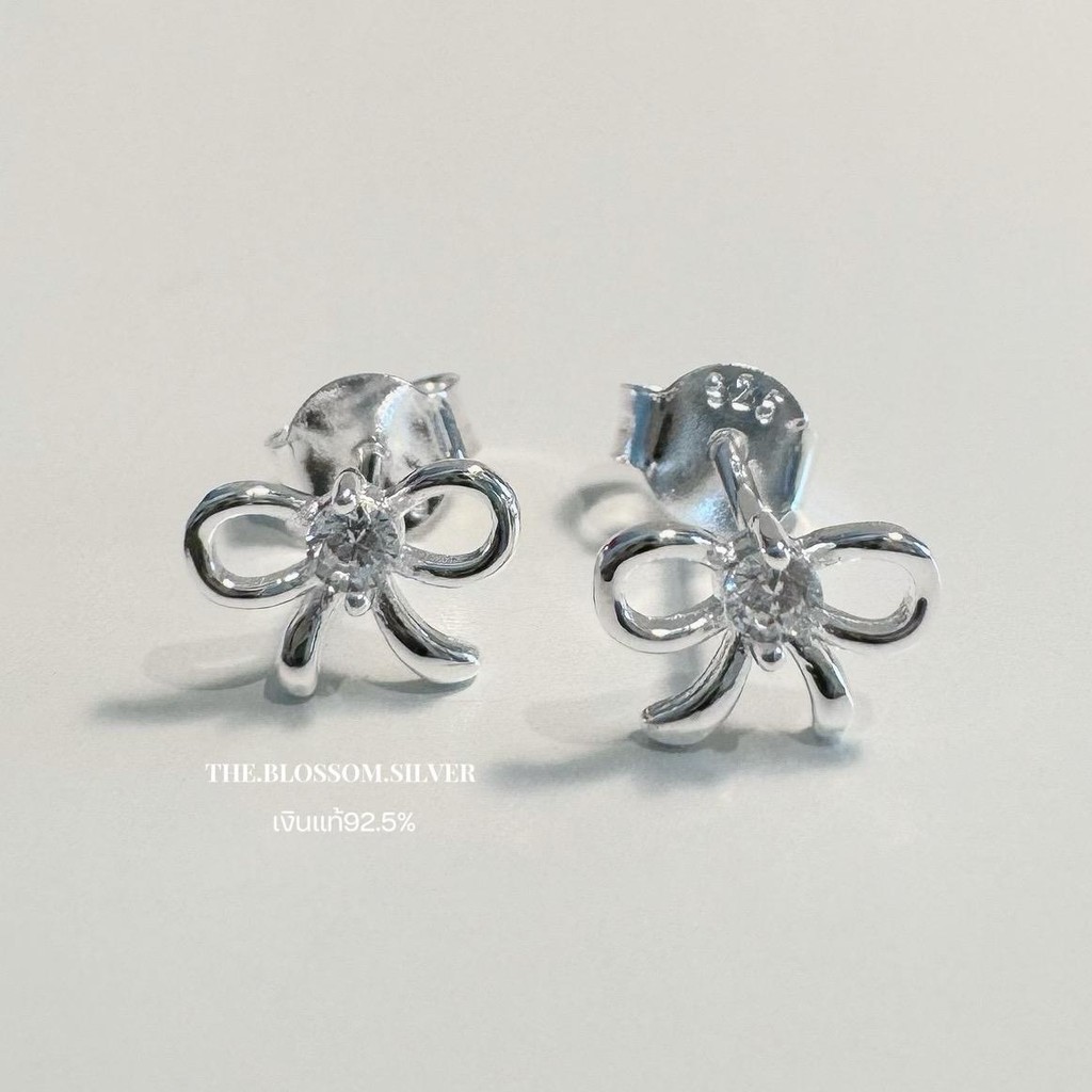 Stud bow cz silver | ต่างหูโบว์พลอย | ขนาด 8*6 มิล | เงินแท้ 92.5% (ราคาต่อคู่)