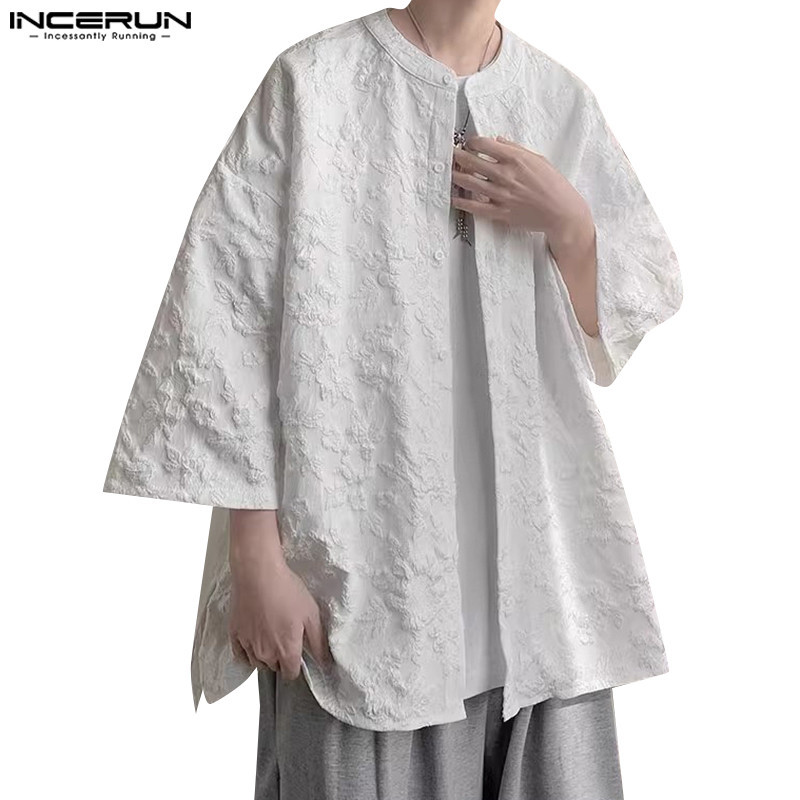 Incerun เสื ้ อเชิ ้ ตแขนเจ ็ ดส ่ วนคอลําลองสําหรับผู ้ ชายเกาหลี