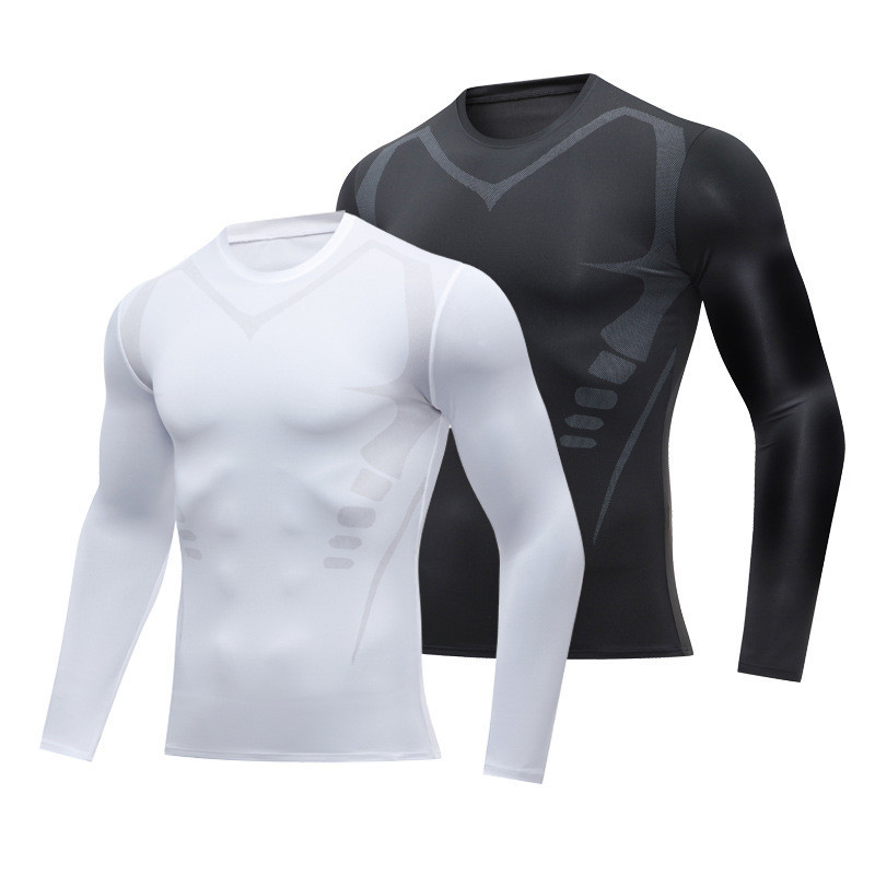 เสื้อยืดแขนยาวผู้ชาย Compresssion Sports Tights สีดํา/สีขาว Gym Fitness Training Top Quick-dry