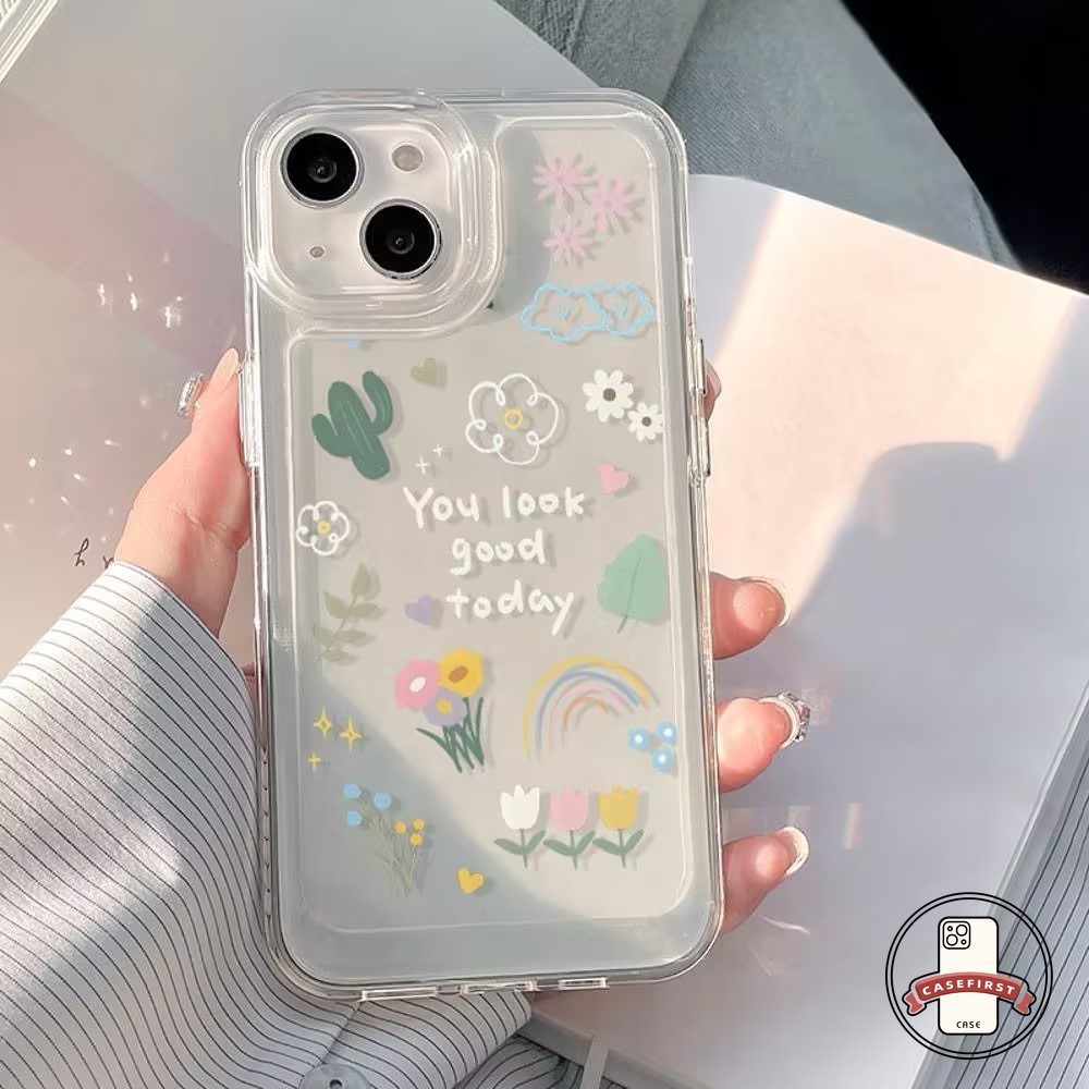 ดอกไม้สายรุ้งน่ารักกระบองเพชรเคสใสใช้งานร่วมกันได้ IPhone 7Plus XR 11 14 13 15 12 Pro Max X XS Max 15 7 8 14 Plus SE