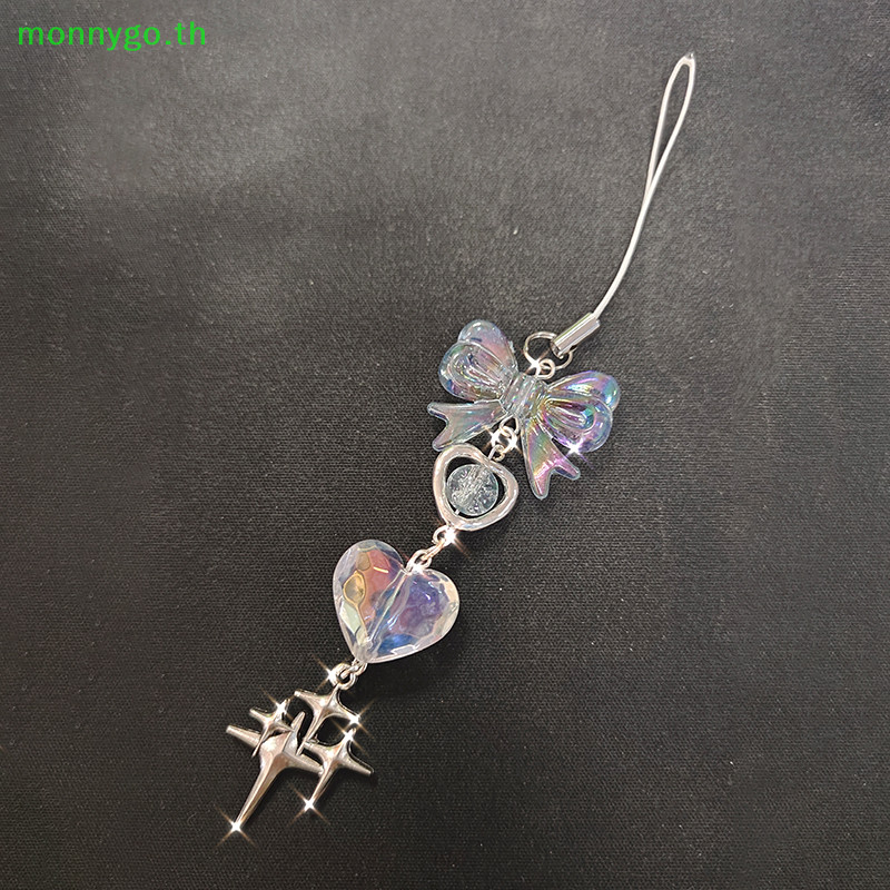 Monnygo Y2K Handmade สีฟ ้ าใสหัวใจโทรศัพท ์ Charm น ่ ารัก Bow Tie จี ้ สาวผู ้ หญิงพวงกุญแจ Lanyard TH