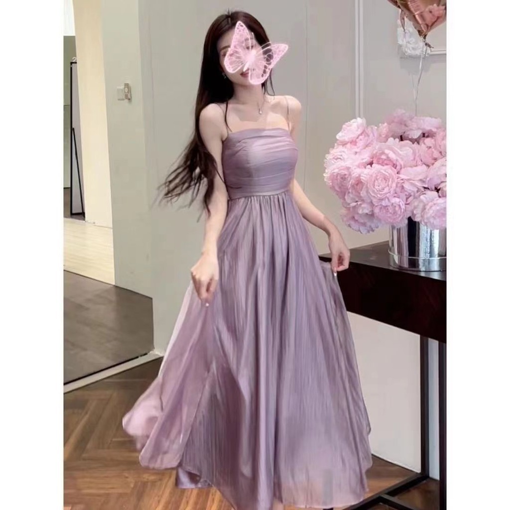 ชุดอารมณ์ฤดูร้อนใหม่เอวสูงหรูหราชุดยาวแขวนชุดสายรัด Purple Dress