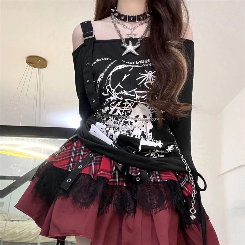 X-สีส้มขนาดใหญ่เอเชียวัฒนธรรม Gothic Punk y2k Millennium Drawstring พิมพ์เสื้อยืดแขนยาวด้านบนฤดูร้อนสไตล์ใหม่เสื้อผ้าผู้หญิงลําลอง