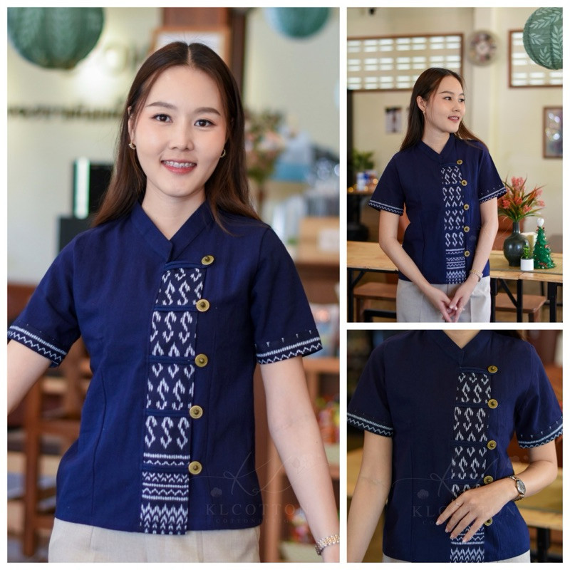เสื้อผ้าฝ้ายคอจีน แต่งเทปลายขอ