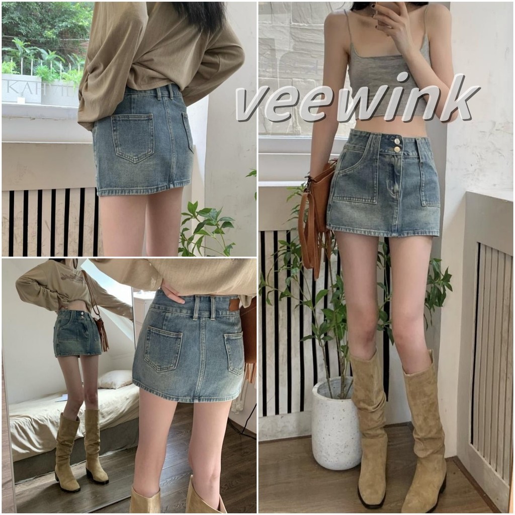 Veewink กระโปรงมินิ กระโปรงยีนส์ผู้หญิง กระโปรงทรงเอ การออกแบบที่เป็นเอกลักษณ์