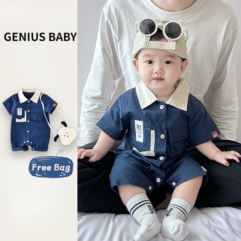 ฤดูร้อนใหม่เสื้อผ้าเด็กชายและหญิงแขนสั้นโปโลบอดี้สูท+กระเป๋า0-24เดือนเครื่องมือสไตล์ซูเปอร์หล่อออกไปเสื้อผ้ารวมทั้งกระเป๋า