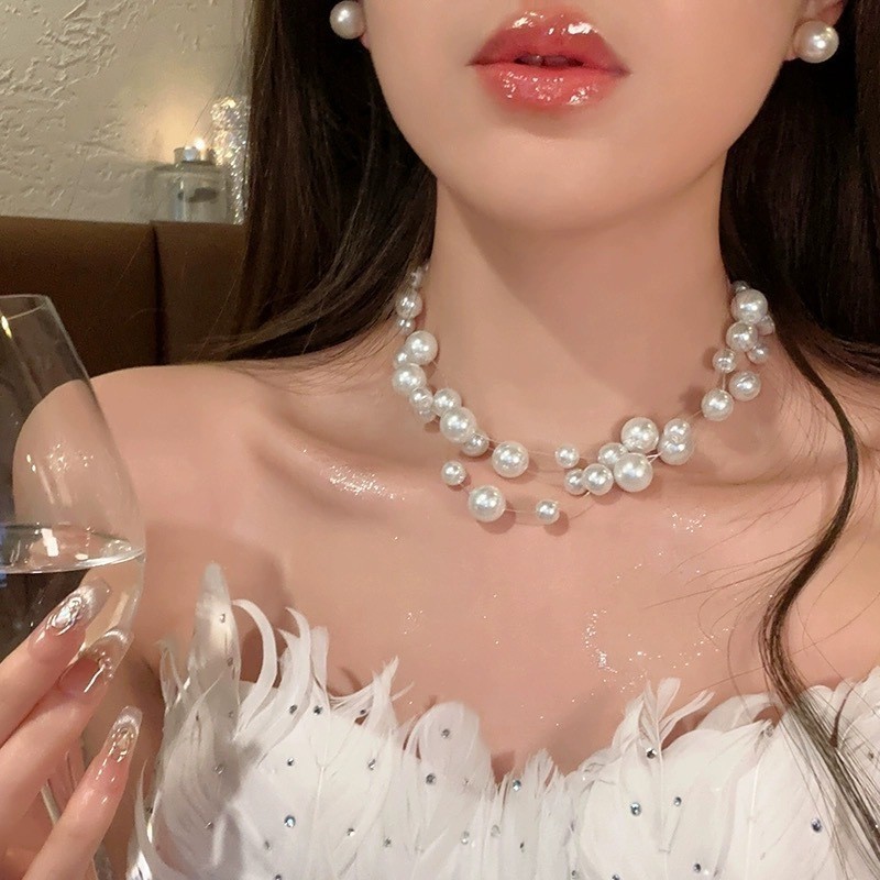 สร ้ อยคอมุกสามชั ้ นผู ้ หญิงแฟชั ่ นเกาหลี Elegant คอลูกไม ้ เครื ่ องประดับอุปกรณ ์ เสริม