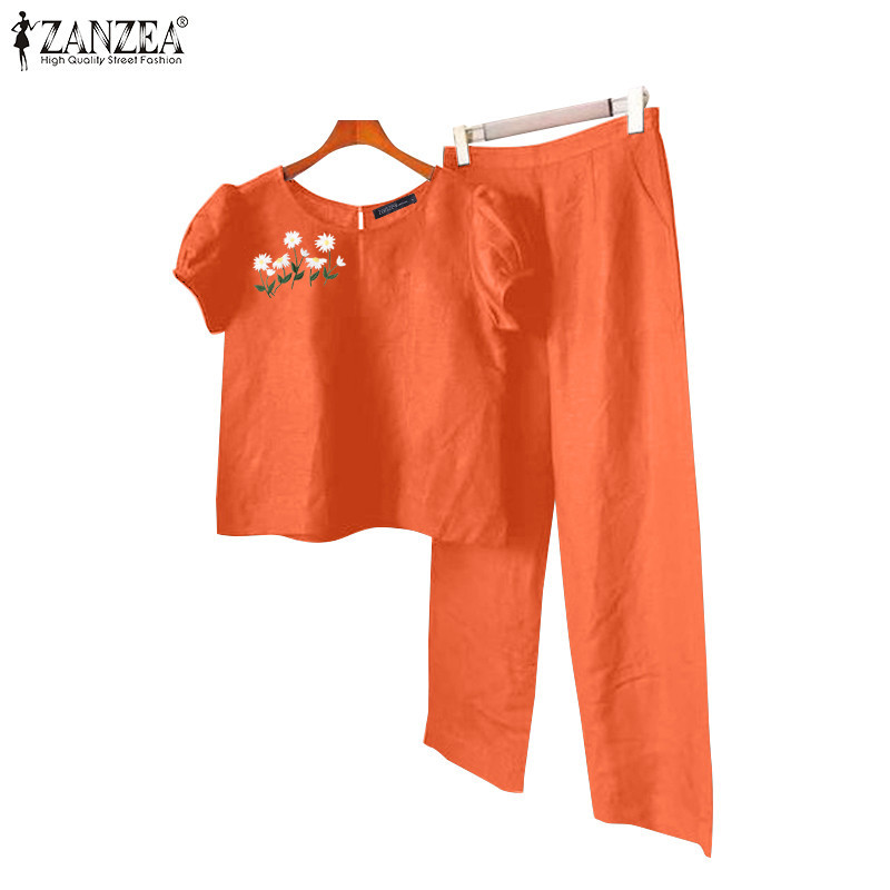 ZANZEA ใส่ ซานเซีย ผู้หญิงเกาหลีสบายๆปุ่ม โอ-คอเย็บปักถักร้อยกระเป๋าตรงท็อปส์กางเกง