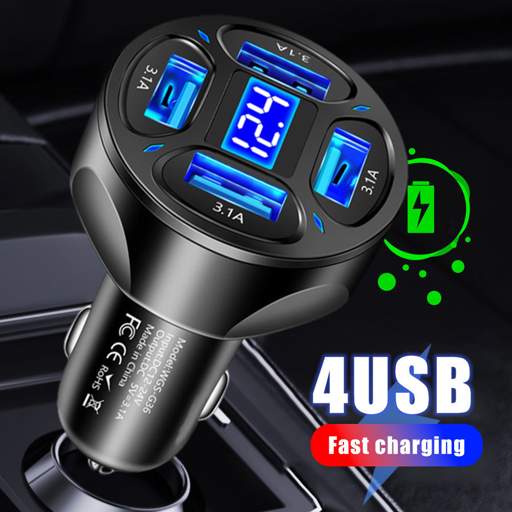 ที่ชาร์จในรถยนต์ USB 4 In 1 - สถานีชาร์จเร็ว - อะแดปเตอร์ชาร์จขนาดเล็ก - เครื่องชาร์จจอแสดงผลดิจิตอล LED - อะแดปเตอร์พอร์ต USB - สําหรับปลั๊กไฟ 12-24V