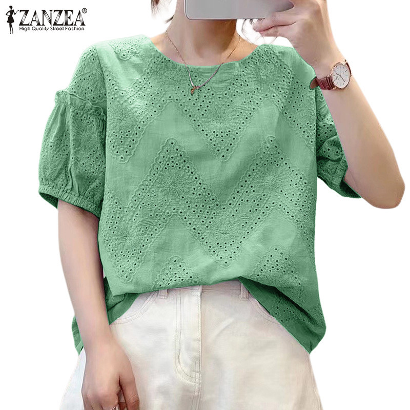 Zanzea เสื้อเบลาส์แขนพัฟกลวงลําลองเกาหลีสําหรับผู้หญิง