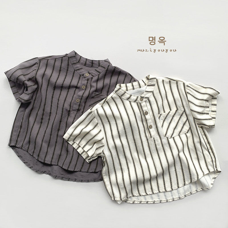 เสื้อเชิ้ตแขนสั้นเด็กชายฤดูร้อนสไตล์ใหม่แฟชั่นเวอร์ชั่นเกาหลีผ้าฝ้ายแท้คอกลมลายหลวมหล่อทุกการแข่งขันลําลองนุ่ม Comfor