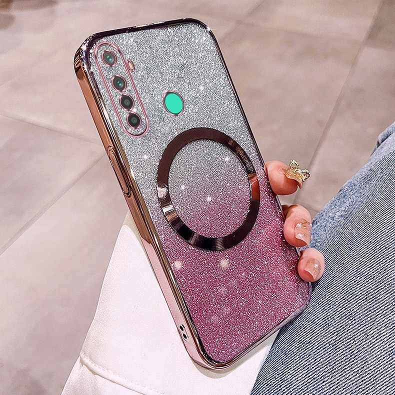 เคส Realme 5 5i 5s 6i c3 5 Pro เคสกลิตเตอร์ชุบหรูหราพร้อมแม่เหล็กดูดและเลนส์ป้องกันการตกสําหรับครอบคลุมเต็มรูปแบบ เคสโทรศัพท์ Realme 5 5i 5s 6i c3 5 Pro