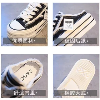 ผ้าใบ Baotou รองเท้าแตะครึ่งผู้หญิงสไตล์ใหม่หนา Soled สวมใส่ด้านนอกคนขี้เกียจไม่มีส้นด้านในเพิ่มความสูงสีขาว