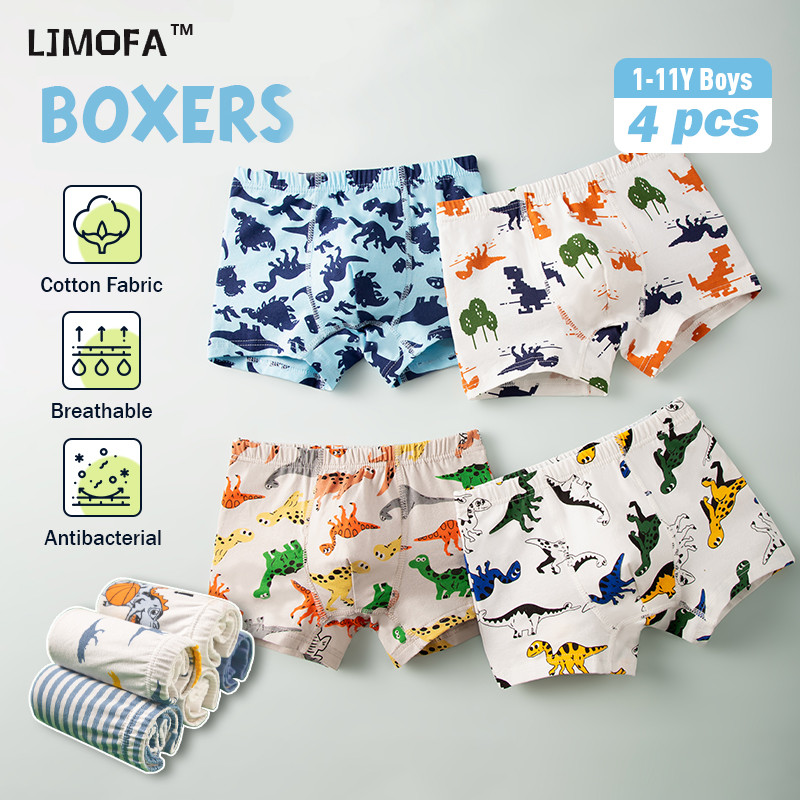 Ljmofa KIDS 4 IN 1 Boxer ชุดชั้นในสําหรับเด็กผู้ชาย 1-11 Yrs Old Cotton Dinosaur Underpant สําหรับเด
