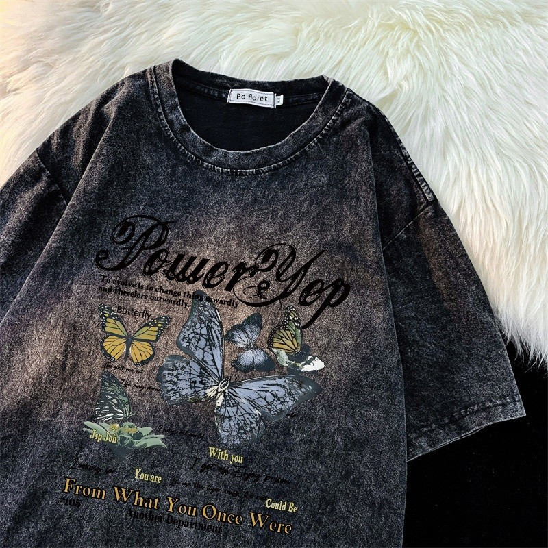 CC（ จัดส่งตลอด 24 ชั่วโมง ）S-XXXL ผีเสื้อ เสื้อยืดฟอก oversize ผ้าคอตตอน แฟชั่น สไตล์ฮิปฮอป เรโทร เสื้อยืดฟอก #Y0004