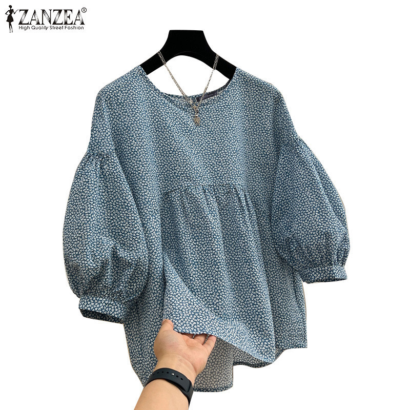 ZANZEA ซานเซีย ผู้หญิงเกาหลีดอกไม้จีบรอบคอวางไหล่แขนเสื้อหลวม