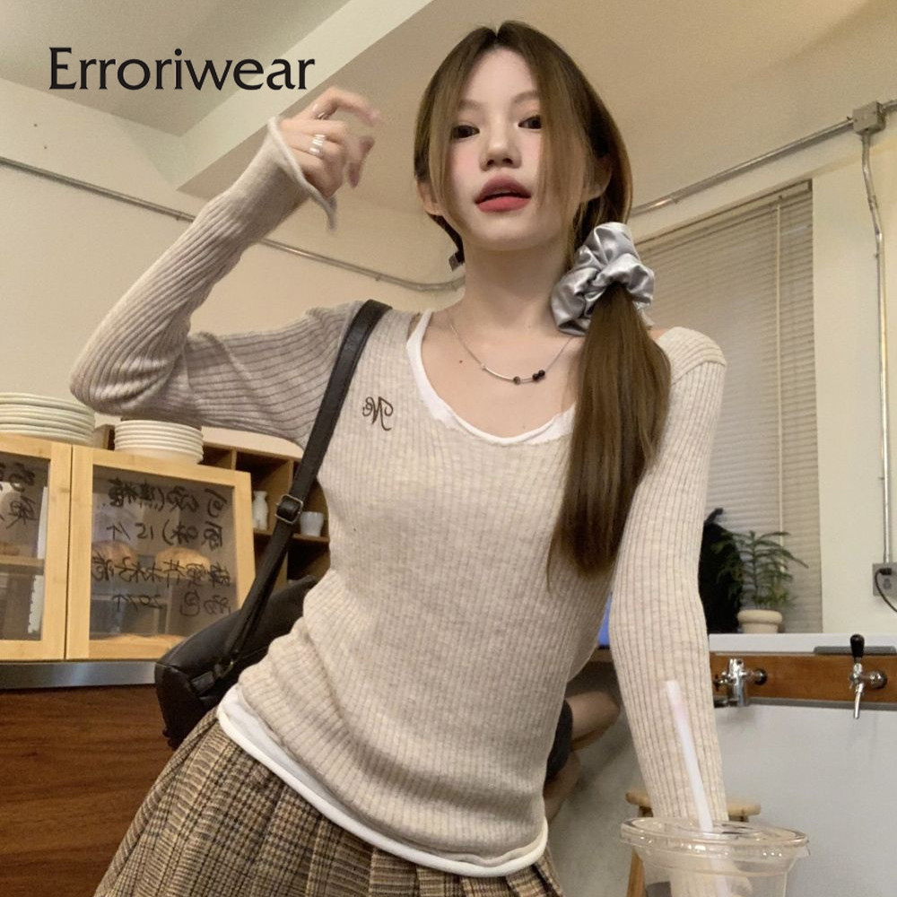 ข้อผิดพลาด เสื้อสเวตเตอร์ถักผู้หญิง 2024 แฟชั่นเท็จสองชุด U-คอ Casual Slim Fit เสื้อแขนยาว