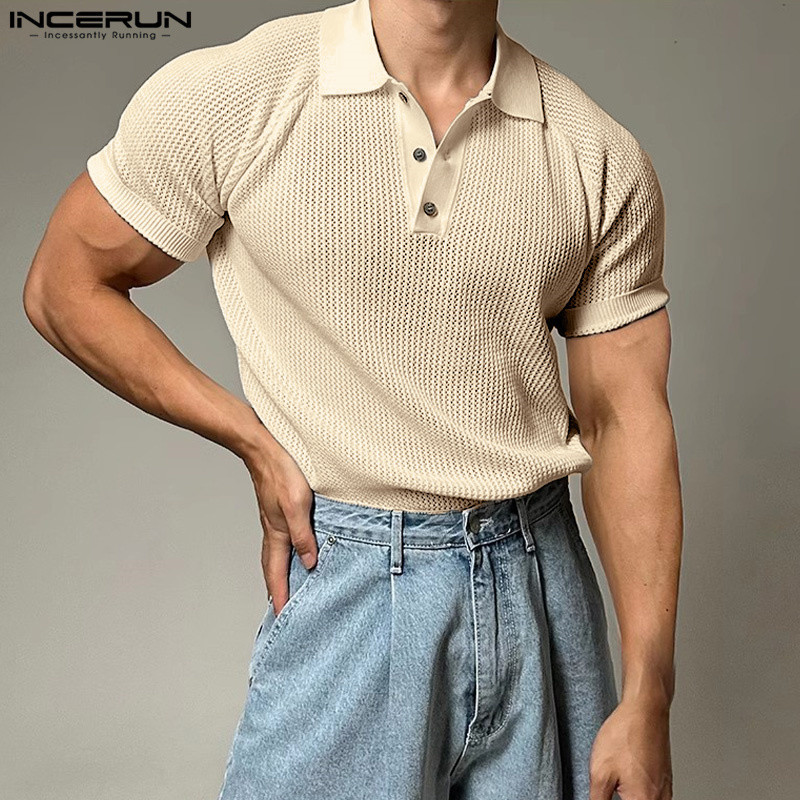 Incerun เสื้อเชิ้ตโปโลดีไซน์สีทึบสําหรับผู้ชายเกาหลี