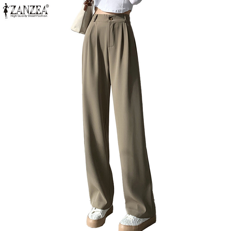 ZANZEA ใส่ ซานเซีย ผู้หญิงเกาหลีสบายๆสีทึบหลวมซิปจีบกางเกงตรง