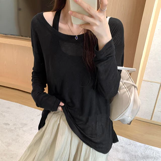 Suxi Minimalist Halter 2 ชิ้นชุดเสื้อยืดแขนยาวครีมกันแดดเสื้อหลวม 240703
