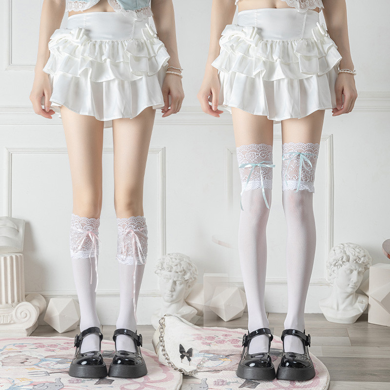 Lolita Ballet-Inspired สีขาว Sheer Over ถุงเท้าเข่าน่ารักญี่ปุ่นสไตล์ JK ลูกไม้ Bowknot ต้นขาสูงถุงน่อง