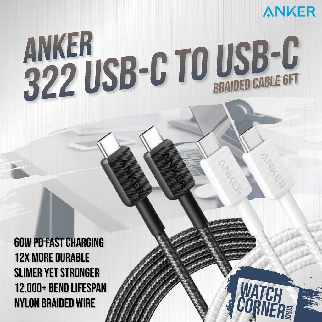 Anker 322 Cable Charger 60W 3A USB Type C to C Nylon Cable 6FT - A81F6