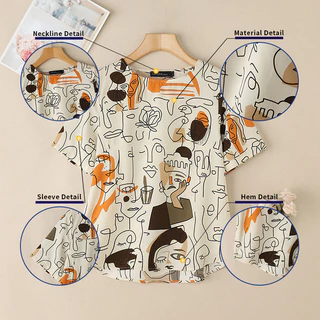 ZANZEA ซานเซีย ผู้หญิงแฟชั่นเกาหลีรอบคอกราฟฟิตีพิมพ์เสื้อแขนสั้น