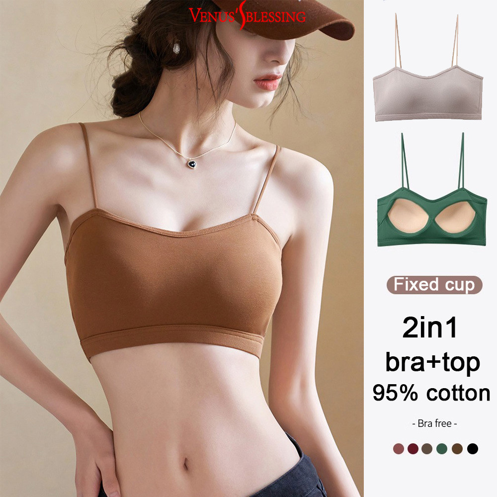 2 IN1 BRA-Top 95% Cotton Slim-Strap Tube Top,ผู้หญิงคุณภาพสูงพร้อมแผ่นรองหน้าอกชิ้นเดียว