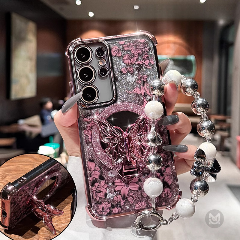 SAMSUNG สําหรับSamsung Galaxy S26 S25 S24 S23 Ultra S25 S24 S23 Plus S25Edge S25FE S24FE S23FE Glitterผีเสื้อกระจกวงเล็บซิลิโคนนุ่มโทรศัพท์กรณีพร้อมโซ่