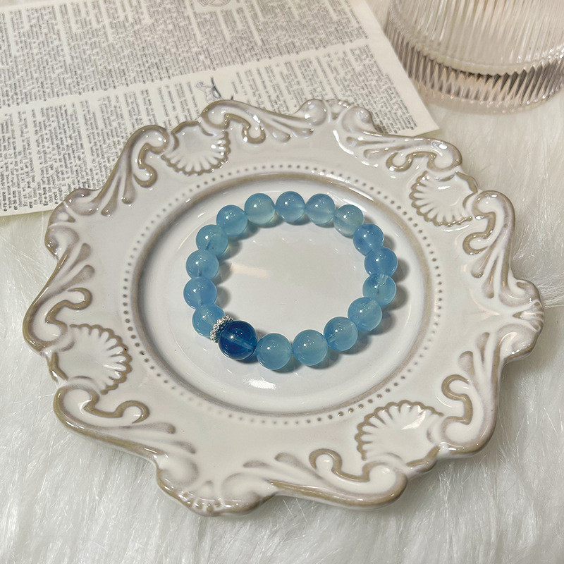 สร้อยข้อมือคริสตัล Aquamarine ธรรมชาติลูกปัดหญิง Velcro Aquamarine Blue Round Bead S925 Silver Niche