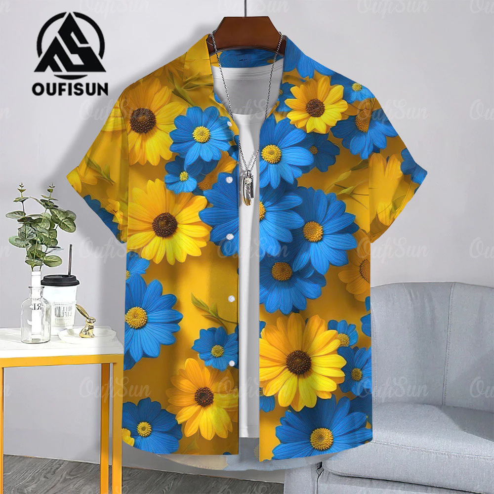 เสื้อเชิ้ตฮาวายแขนสั้น พิมพ์ลายดอกไม้ ผ้าแห้งเร็ว