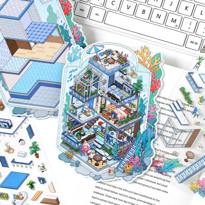 Mr.paper 2.5D ภูมิทัศน์สติ๊กเกอร์แพ็คสร้าง undergoing ดริฟท์ขวดมหาสมุทรตกปลาพื้นดินทะเลซูชิร้านอาหาร