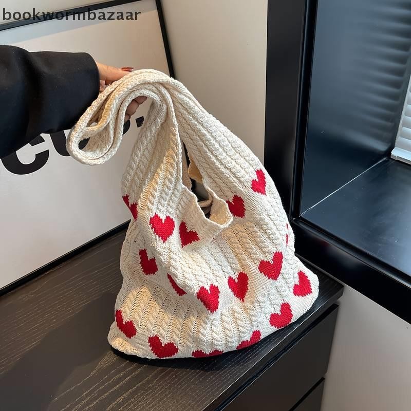 [BOK] Love Heart Graphic ถัก Tote Bag แฟชั่นทอกระเป๋าสะพายความงามโครเชต์กระเป๋าสําหรับผู้หญิง [TH]