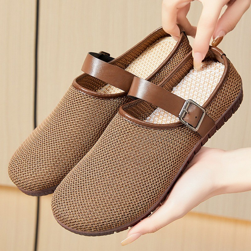 IELGY 2025 ผู้หญิงแอปริคอทสไตล์ฤดูใบไม้ผลิอเนกประสงค์ Retro Soft-soled รองเท้าแตะ Ins รองเท้าแตะลําลองตาข่าย