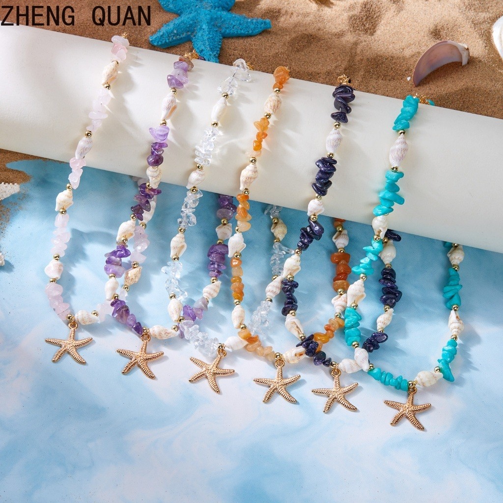 Handmade ปลาดาว Conch Shell สร้อยคอ ลูกปัดกรวดโปร่งใส สีสันสดใส เครื่องประดับชายหาด Boho ของขวัญวันหยุดสําหรับผู้หญิง