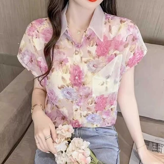 เสื้อเชิ้ตแขนสั้น ผ้าชีฟอง ลายดอกไม้ แนวแฟชั่นใหม่