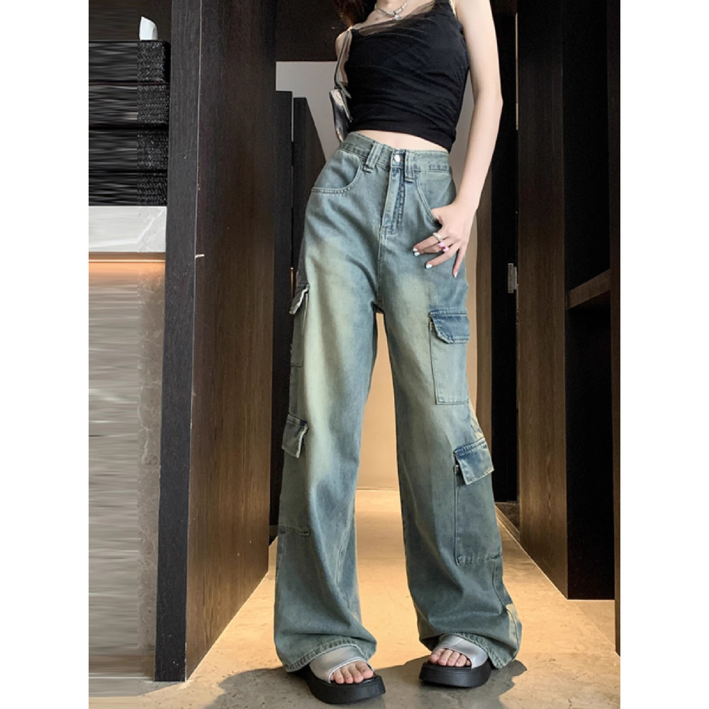 Solovely ผู้หญิง สไตล์เกาหลี กางเกงขายาว เอวสูง กางเกงคาร์โก้ สีพื้น ยีนส์