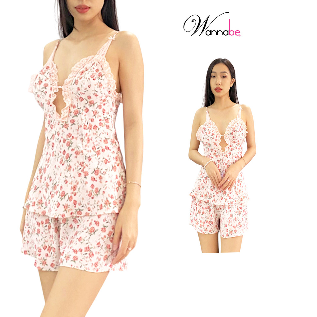 WANNABE ชุดใส่อยู่บ้าน กางเกงขาสั้น เสื้อ 2 สาย ลูกไม้ปักรอบคอ ผ้าดอกไม้สดและอ่อนเยาว์ BSS81