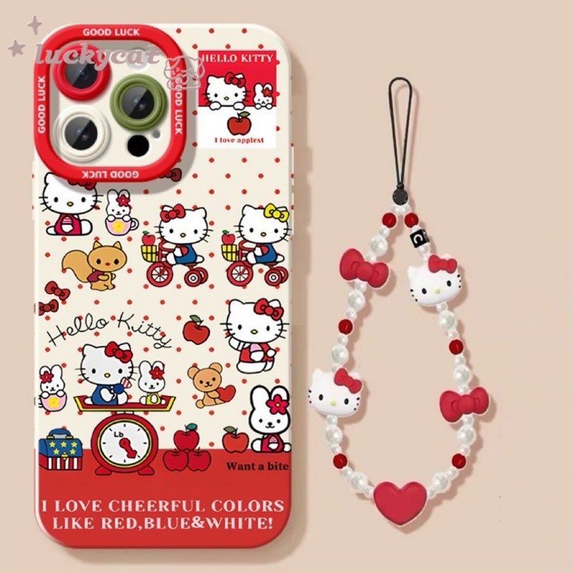 Iphone 16 15 14 13 12 11 Pro Max X Xr Xs Max 7 8 Plus SE2020 เคสโทรศัพท์การ์ตูนน่ารักขี่สีแดงจักรยาน KT Cat Soft + Lanyard ฝาหลัง