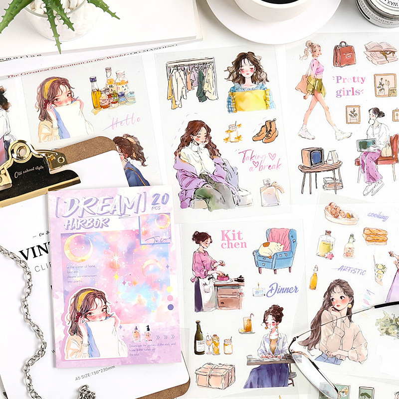 Journamm 20 แผ่นน่ารักสาวสติกเกอร์ PET สติกเกอร์หนังสือสร้างสรรค์กาว Diy Hand Made ตกแต่ง Junk Journal Scarpbook สติกเกอร์