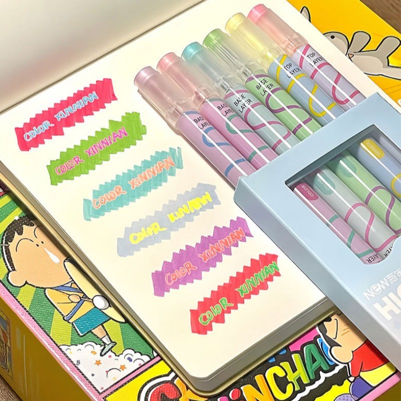 6 ชิ้นซ้อนสี Dual Head Highlighter ชุดปากกานักเรียนขนาดใหญ่ความจุ Eye Protection Marker ปากกา DIY คู่มือสีปากกา